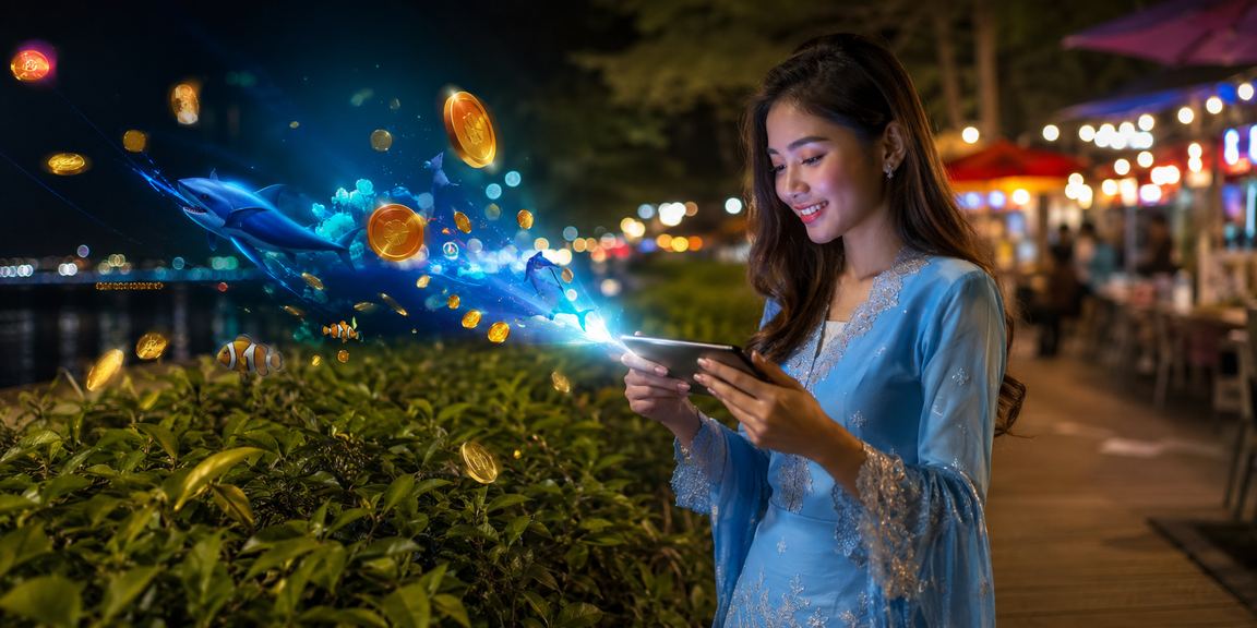 Pemain wanita berbaju kurung menikmati permainan pancing di Malaysia
